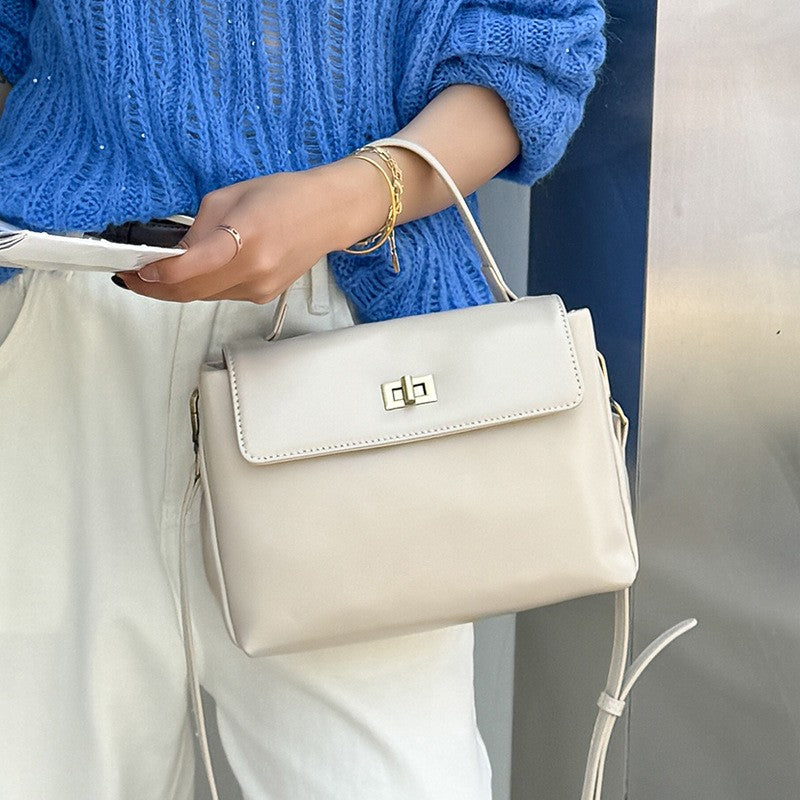 Leather Top Handle Bag with Turn Lock - Cream