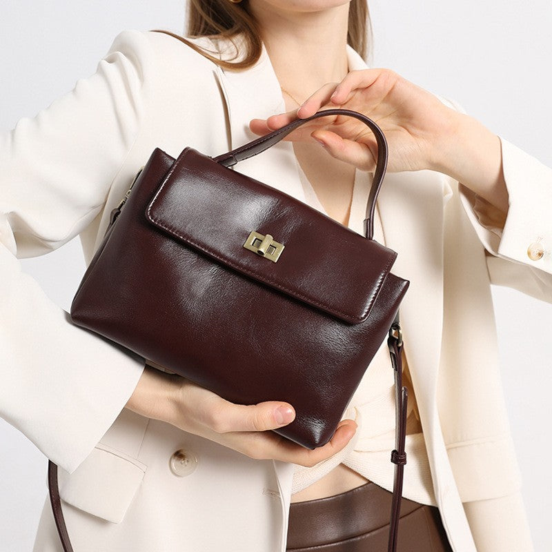 Leather Top Handle Bag with Turn Lock