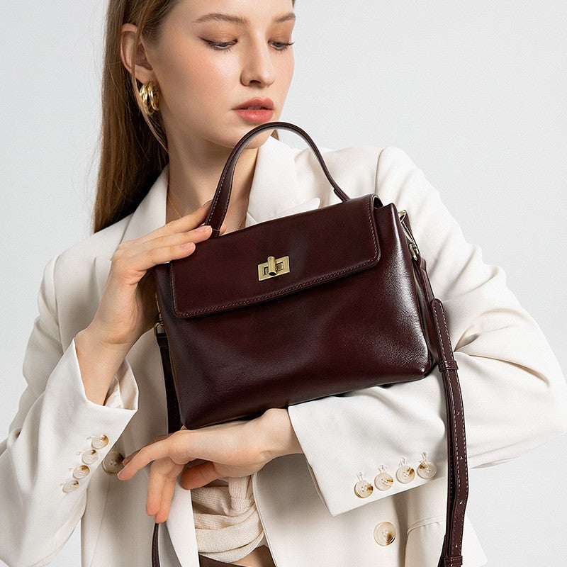 Leather Top Handle Bag with Turn Lock