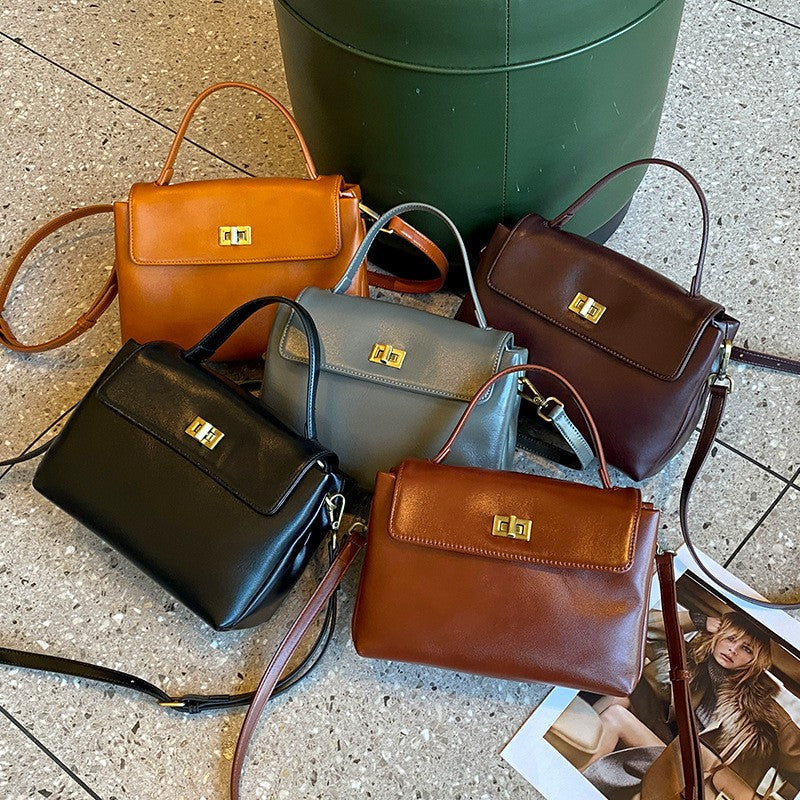Leather Top Handle Bag with Turn Lock