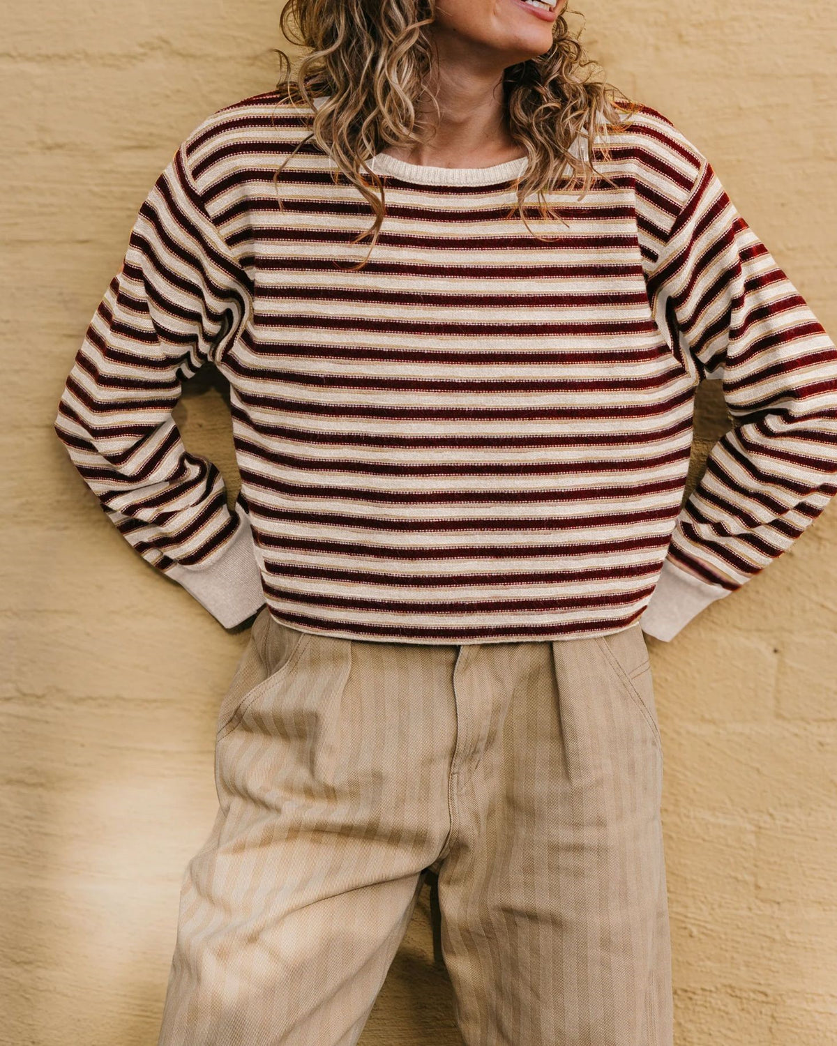 Fine Breton Stripe Contrast Trim Sweater - Apricot