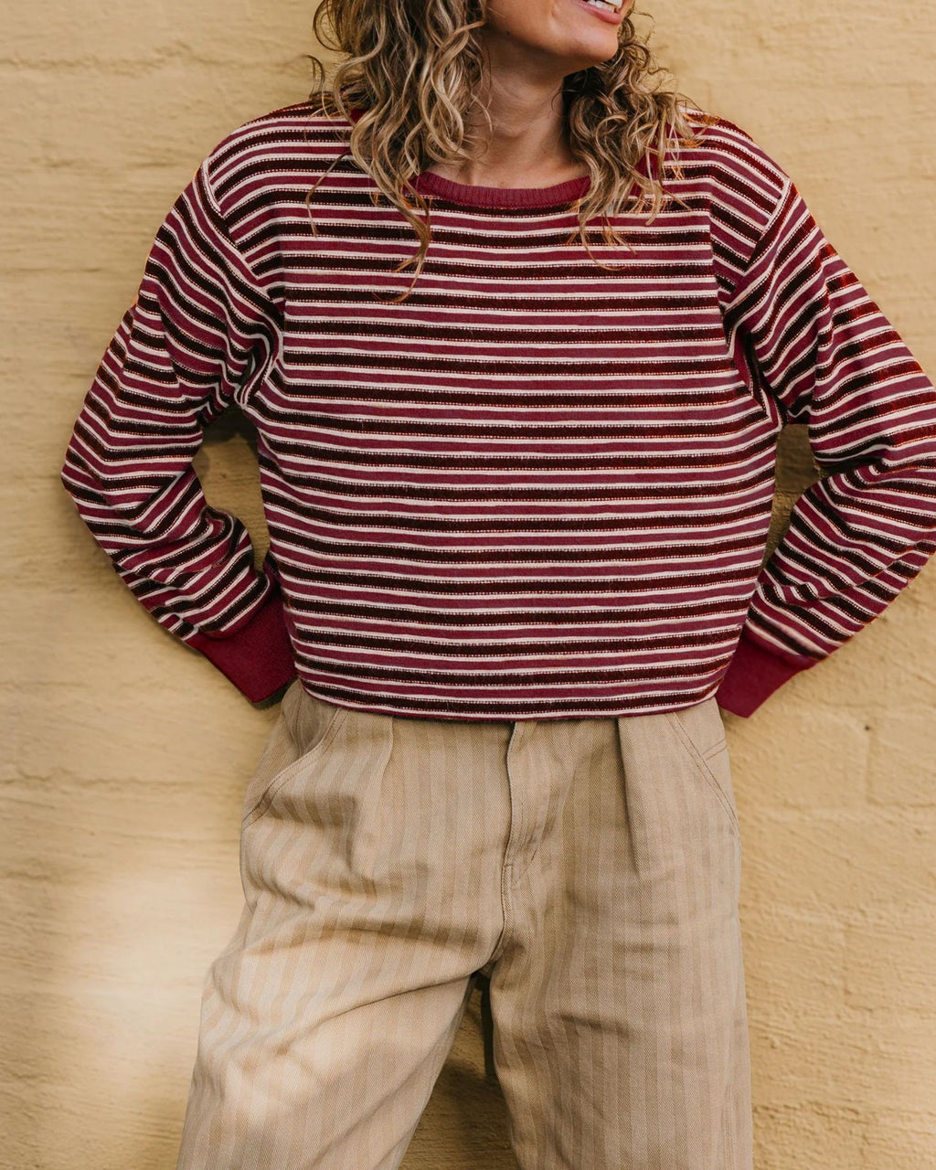 Fine Breton Stripe Contrast Trim Sweater - Red