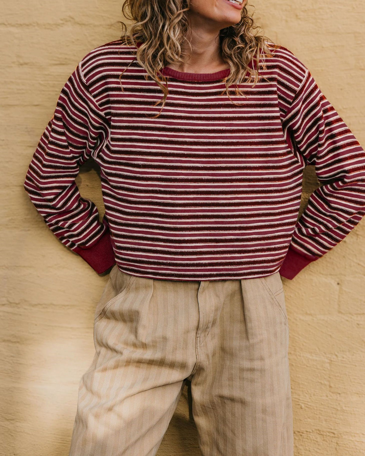Fine Breton Stripe Contrast Trim Sweater - Red