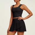 Pleated Tennis Skort and Square Neck Crop Top Set - Black