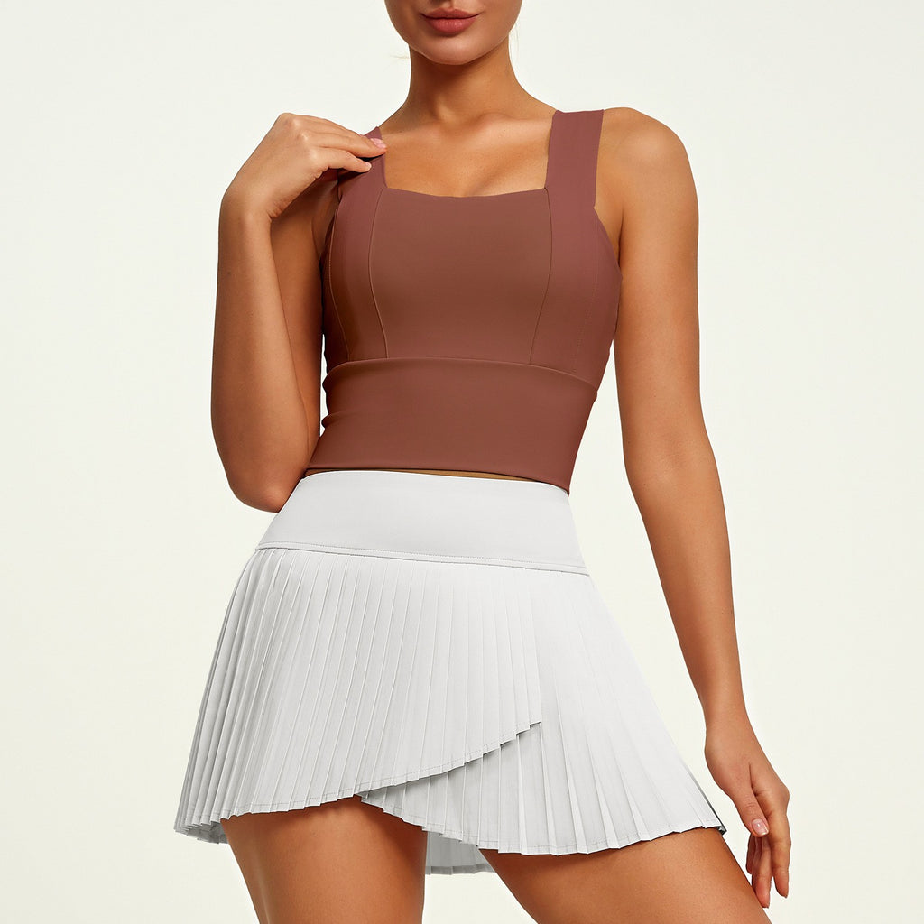 Pleated Tennis Skort and Square Neck Crop Top Set - Caramel White