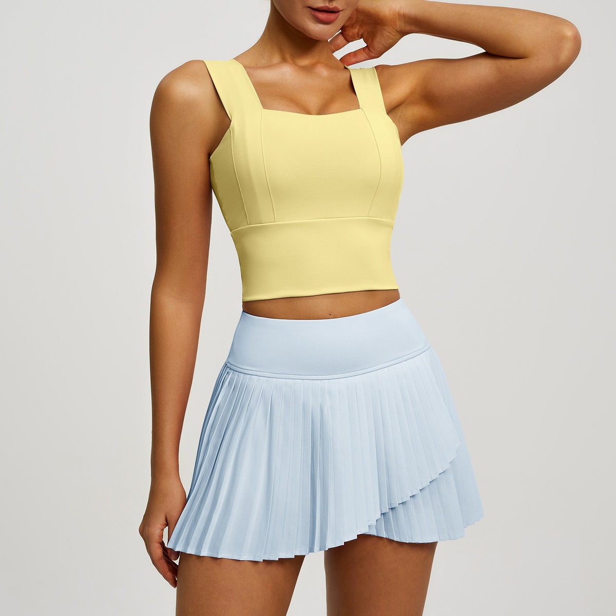 Pleated Tennis Skort and Square Neck Crop Top Set - Lemon Sky