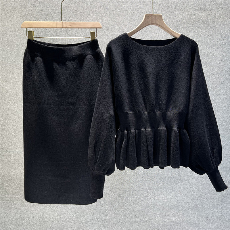 Peplum Knit Top And Pencil Skirt Set - Black