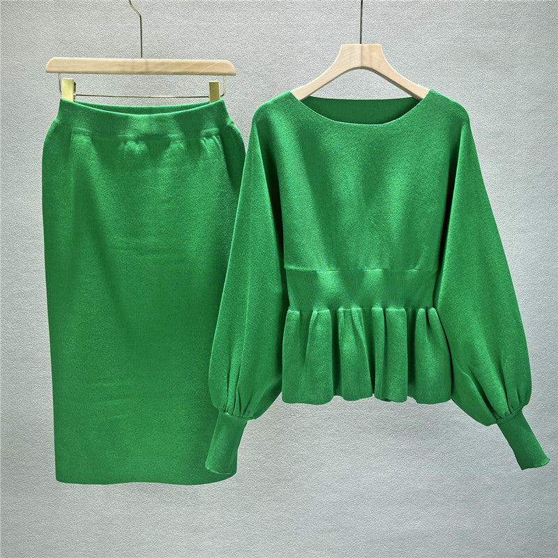 Peplum Knit Top And Pencil Skirt Set - Green