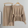 Peplum Knit Top And Pencil Skirt Set - Khaki