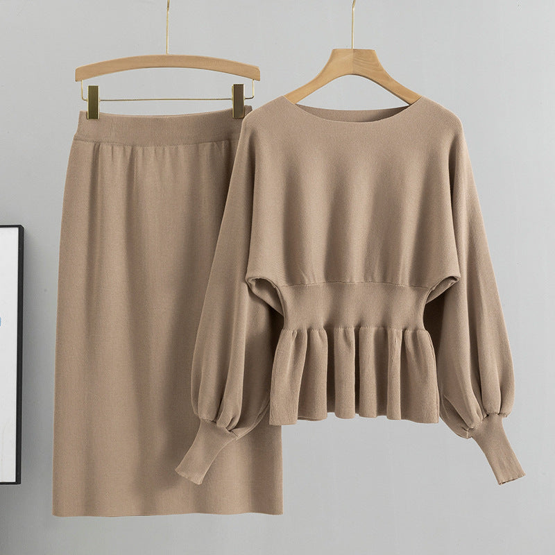 Peplum Knit Top And Pencil Skirt Set - Khaki