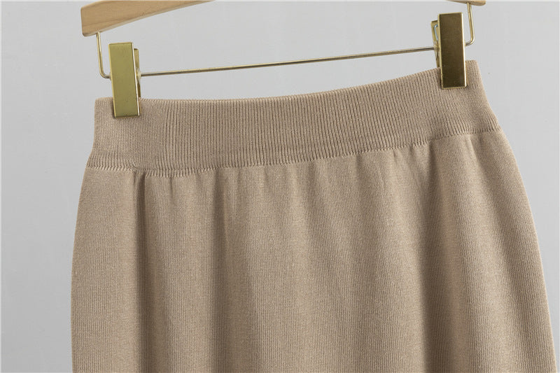 Peplum Knit Top And Pencil Skirt Set - Khaki - 3