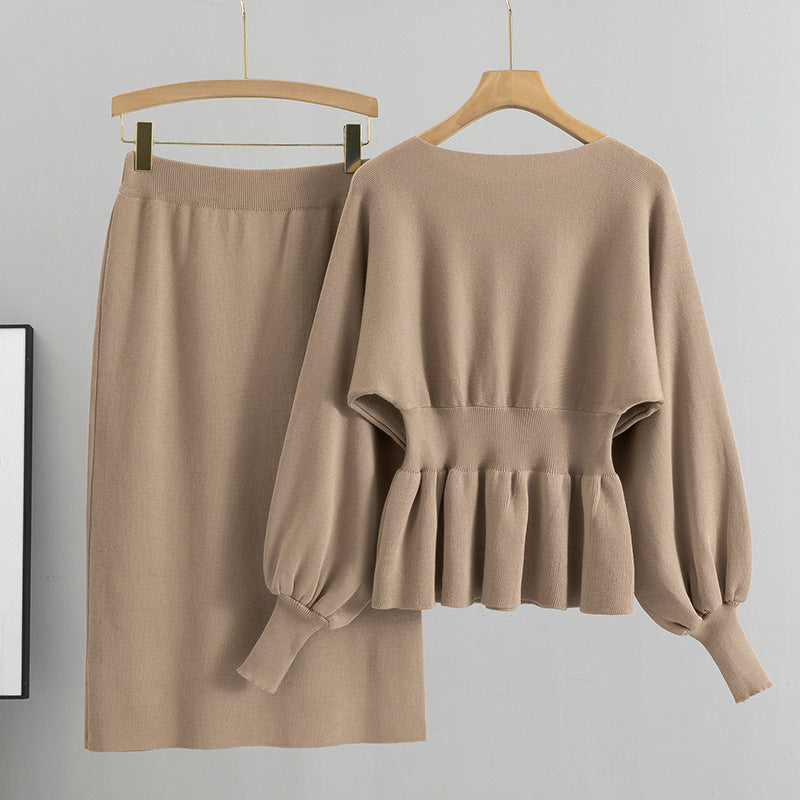 Peplum Knit Top And Pencil Skirt Set - Khaki - 5