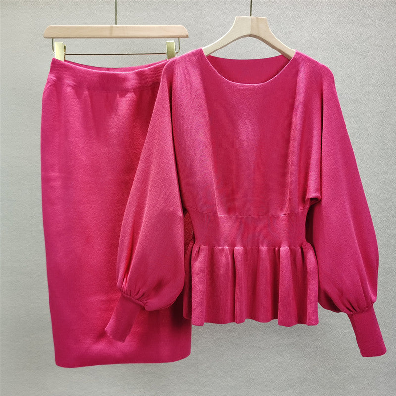 Peplum Knit Top And Pencil Skirt Set - Rouge