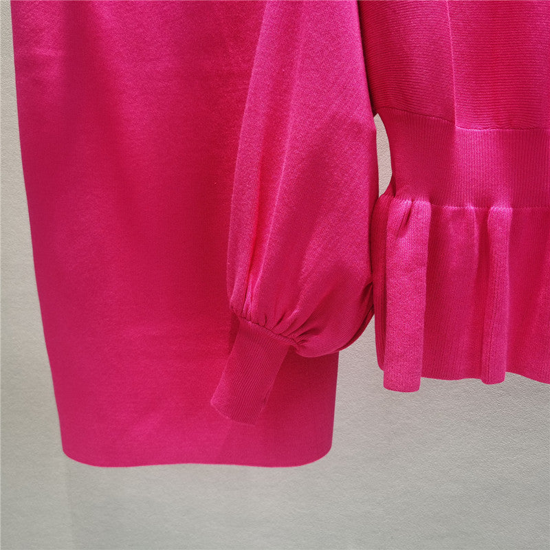 Peplum Knit Top And Pencil Skirt Set - Rouge - 1