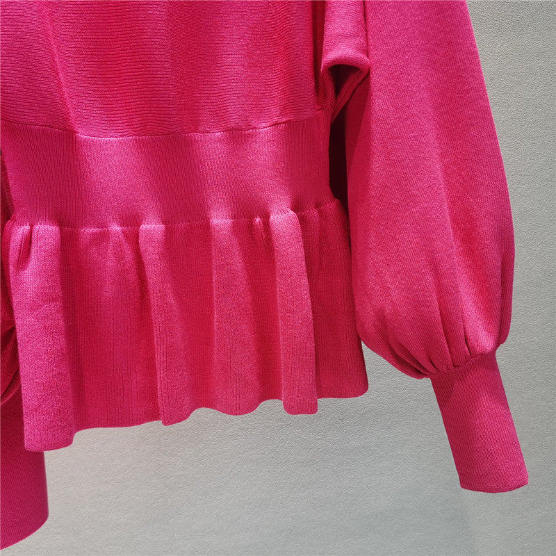 Peplum Knit Top And Pencil Skirt Set - Rouge - 2