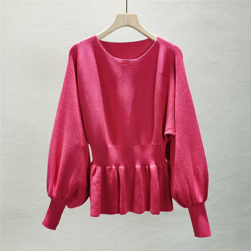 Peplum Knit Top And Pencil Skirt Set - Rouge - 3