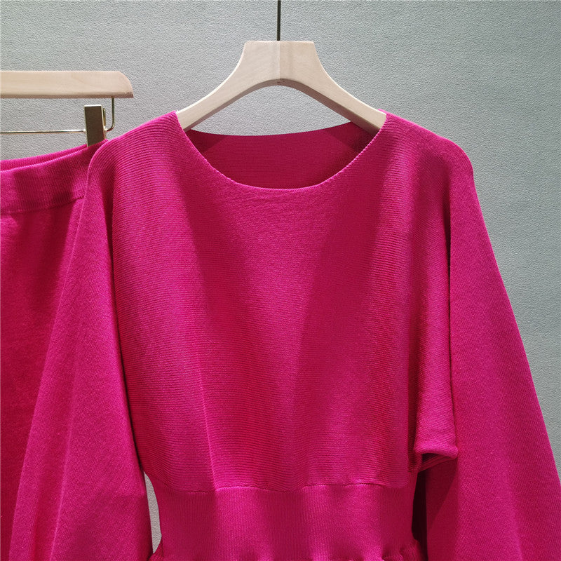 Peplum Knit Top And Pencil Skirt Set - Rouge - 4