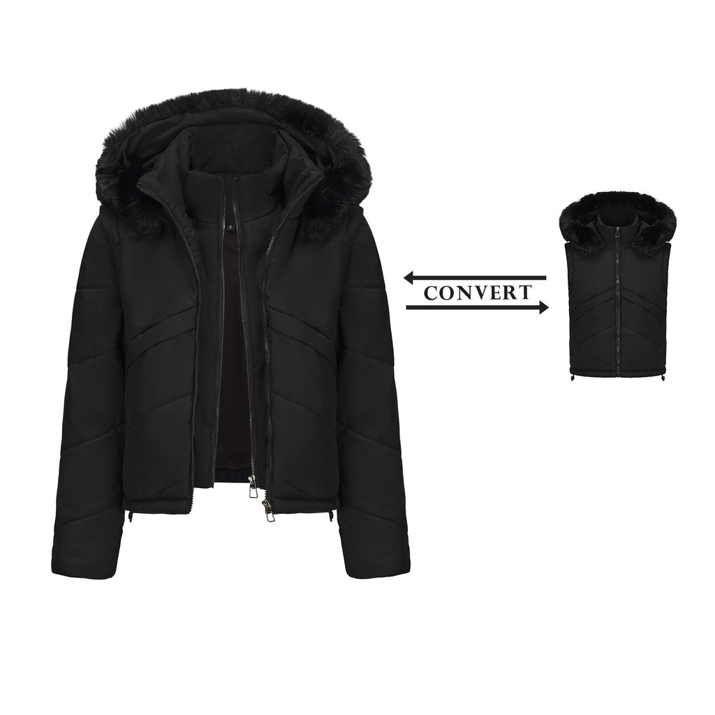 Removable Sleeve Hooded Puffer Jacket - Black