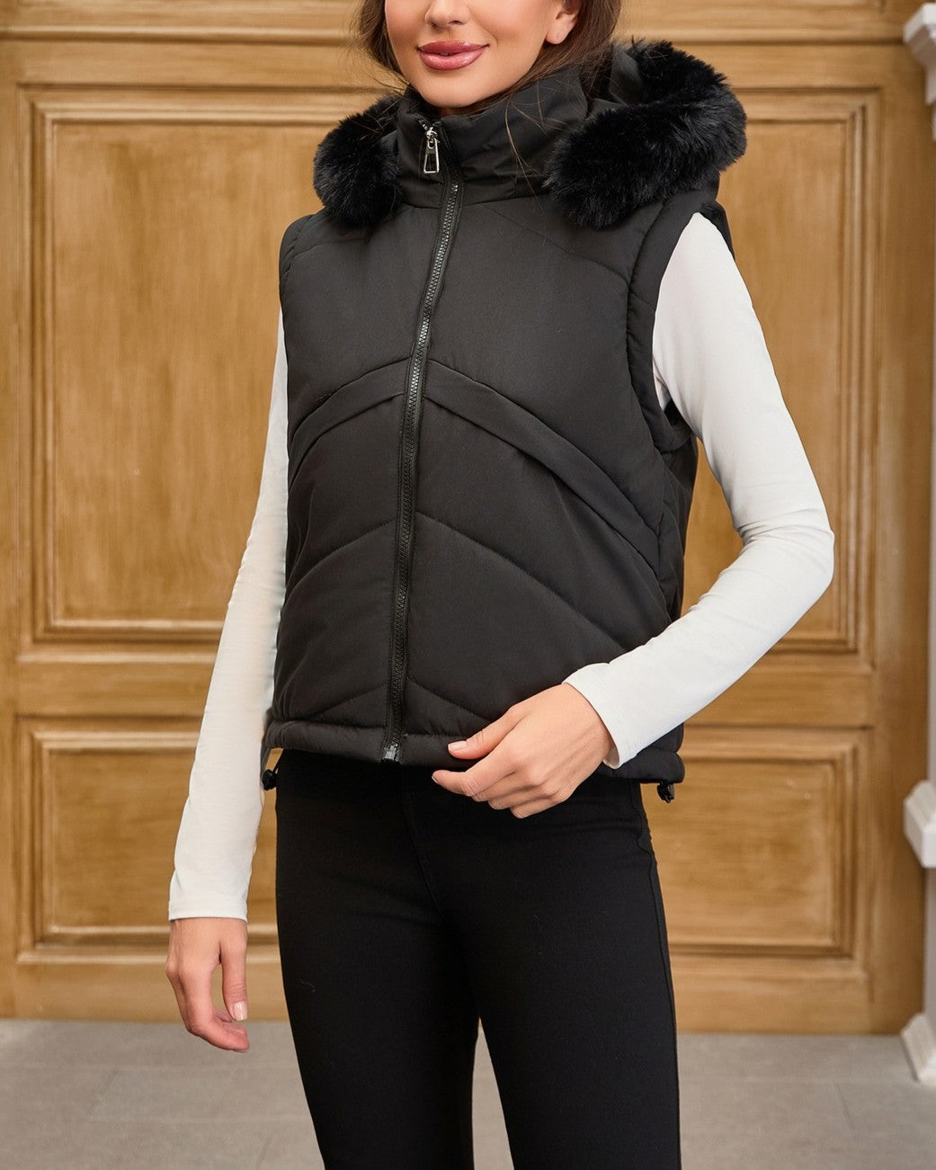 Removable Sleeve Hooded Puffer Jacket - Black - 2