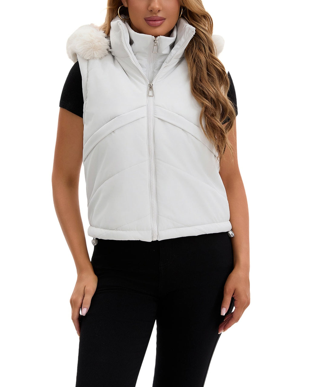 Removable Sleeve Hooded Puffer Jacket - White - 2
