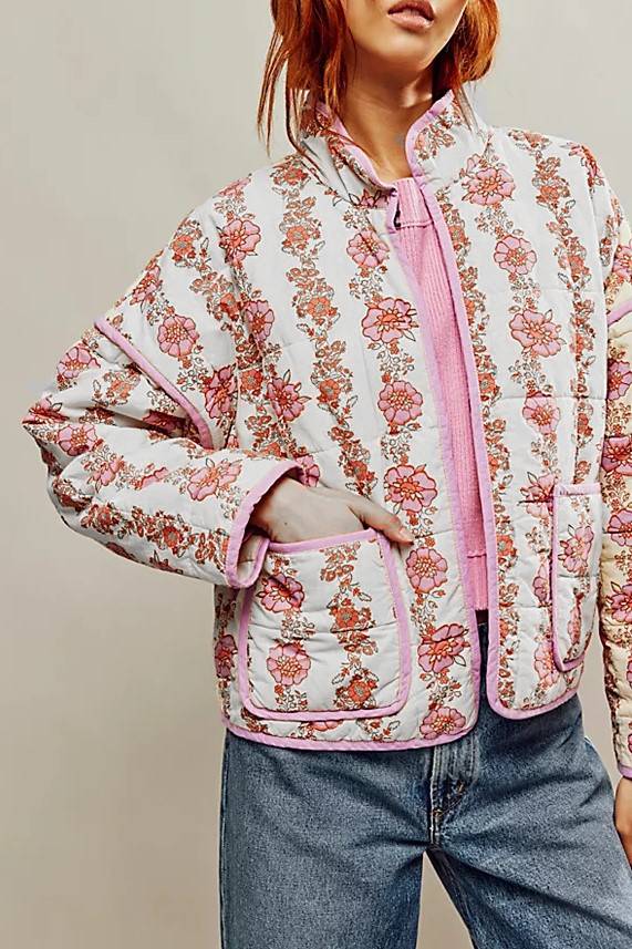 Rose Print Quilted Patch Pocket Jacket - pink