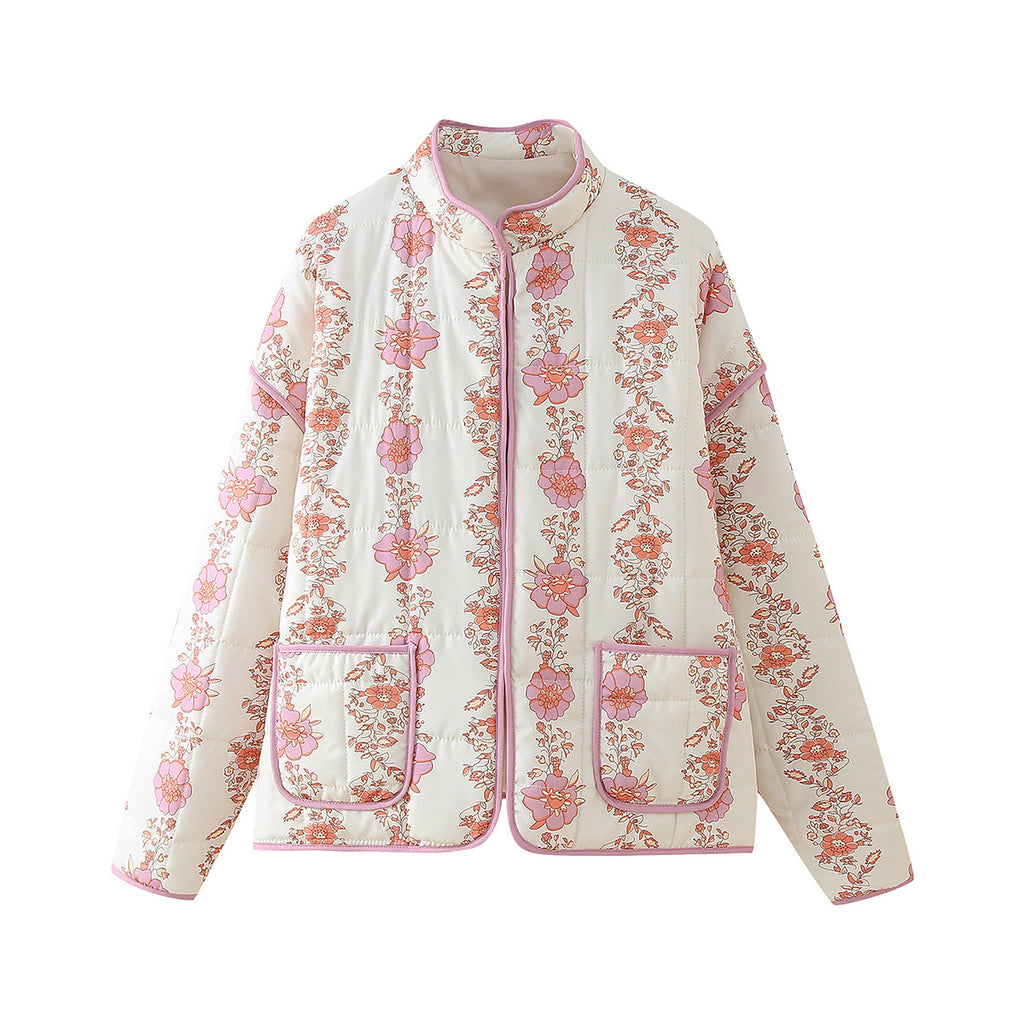 Rose Print Quilted Patch Pocket Jacket - pink - 1