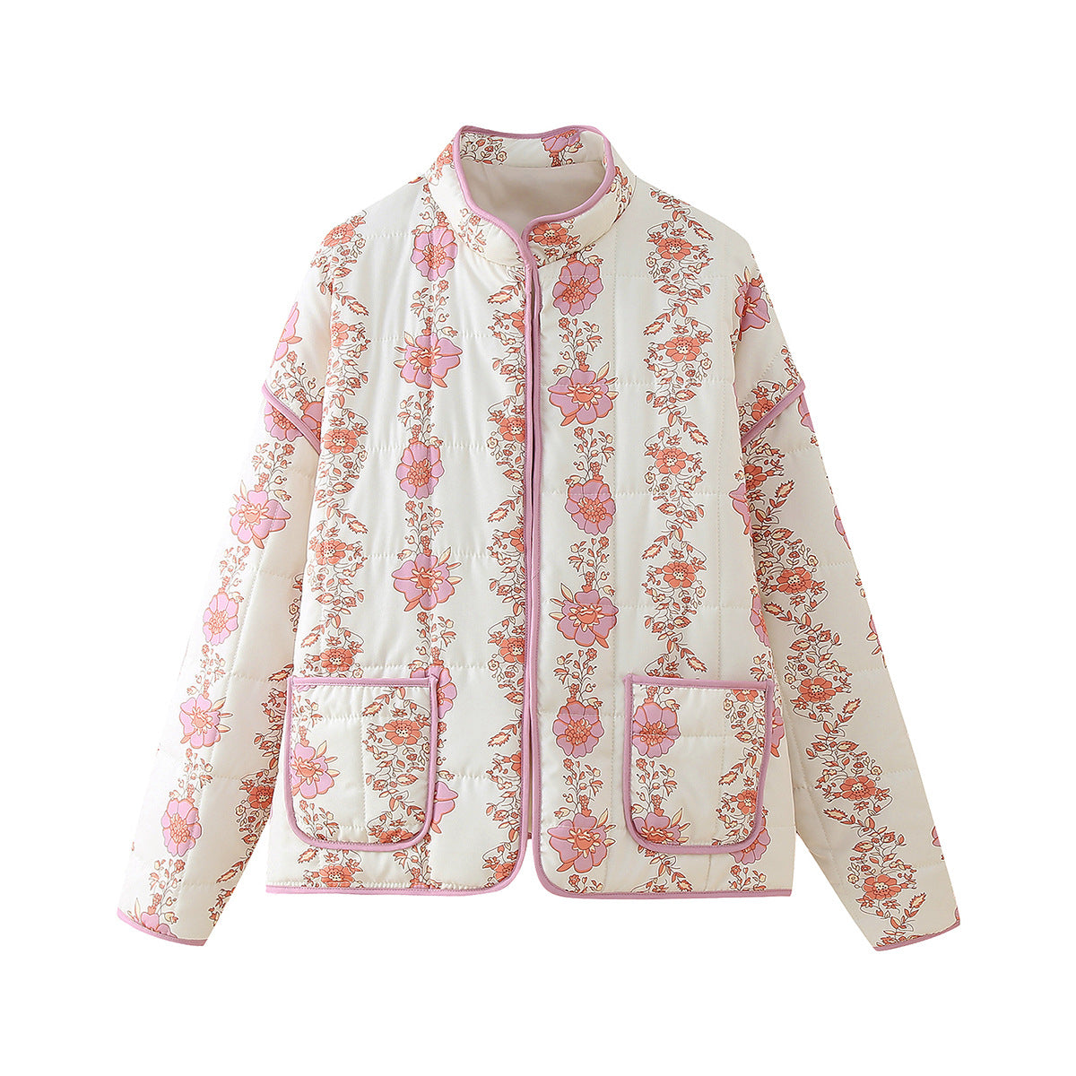 Rose Print Quilted Patch Pocket Jacket - pink - 1