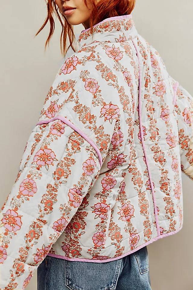 Rose Print Quilted Patch Pocket Jacket - pink - 12
