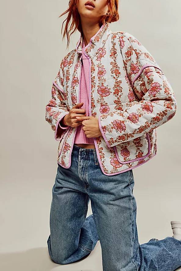 Rose Print Quilted Patch Pocket Jacket - pink - 13