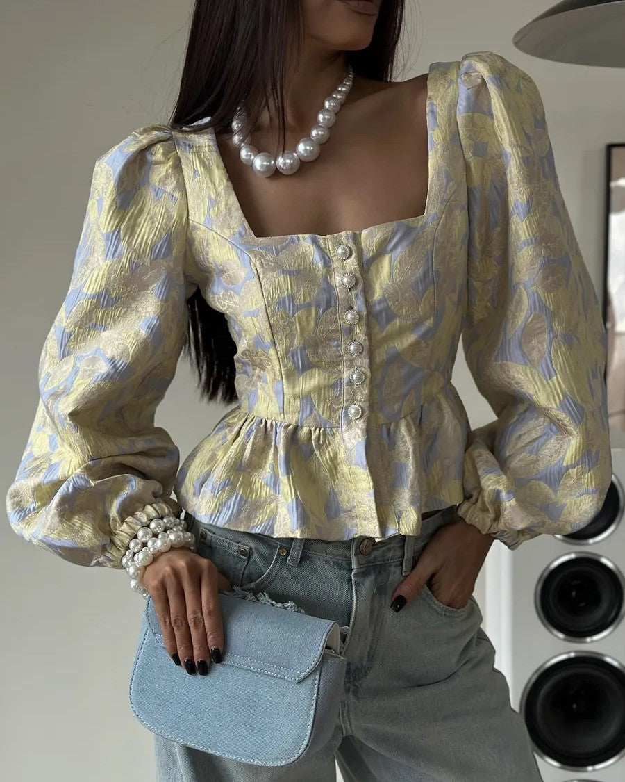 Puff Sleeve Peplum Blouse in Painterly Floral - Yellow