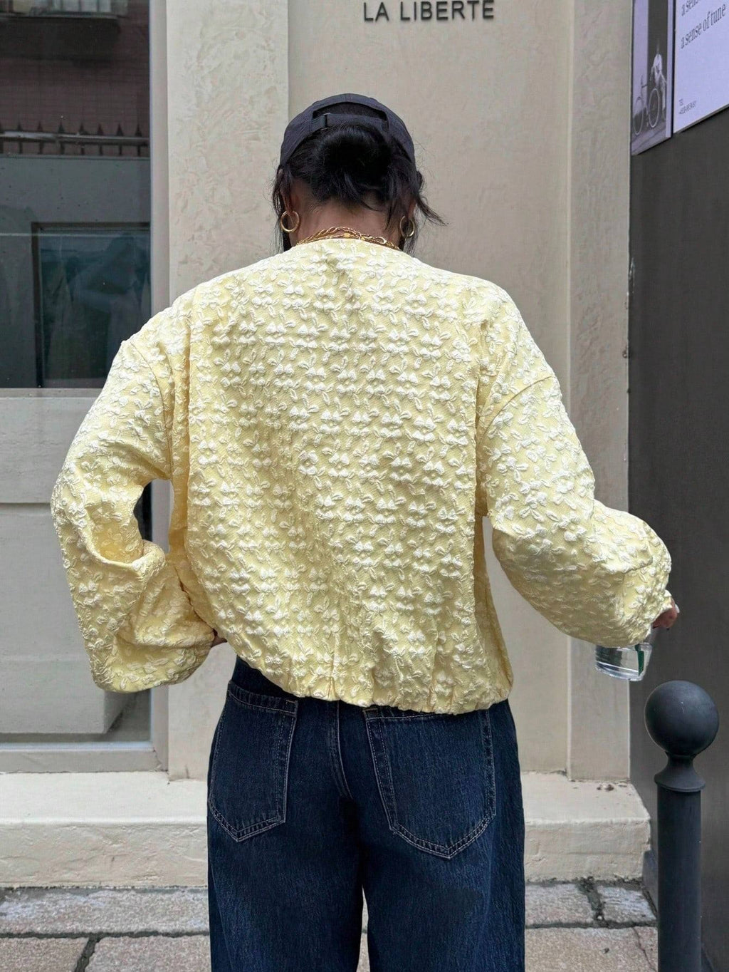 Puff Sleeve Floral Jacquard Bomber Jacket - Daffodil - 1