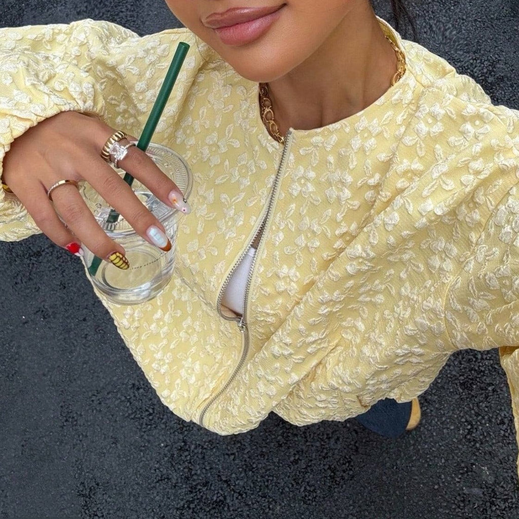 Puff Sleeve Floral Jacquard Bomber Jacket - Daffodil - 2