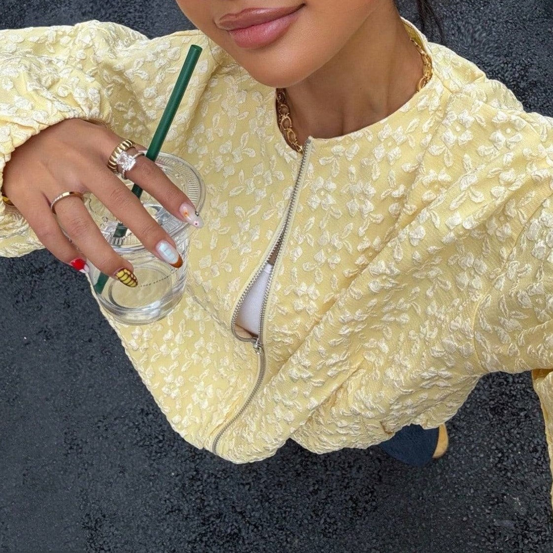 Puff Sleeve Floral Jacquard Bomber Jacket - Daffodil - 2