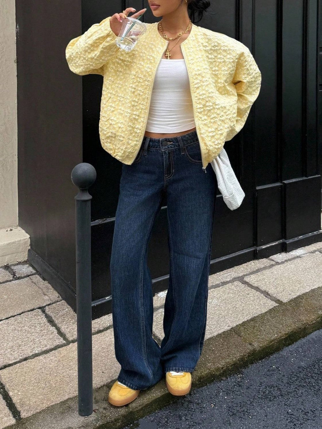 Puff Sleeve Floral Jacquard Bomber Jacket - Daffodil - 4