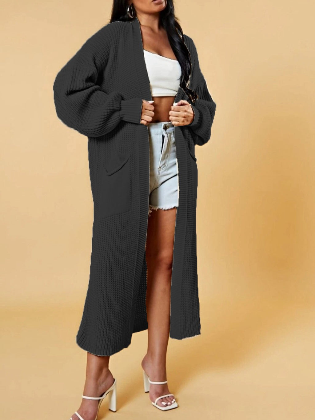 Slouchy Longline Duster Cardigan With Pockets - Black