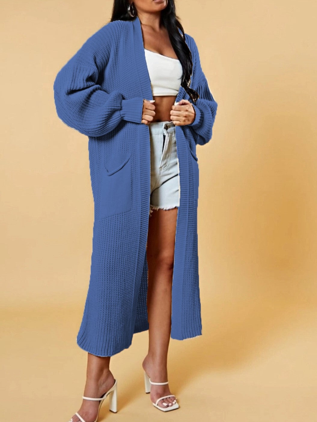 Slouchy Longline Duster Cardigan With Pockets - Blue