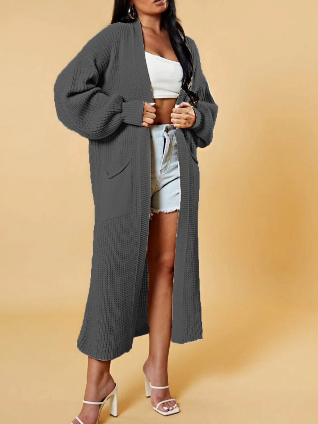 Slouchy Longline Duster Cardigan With Pockets - DarkGray