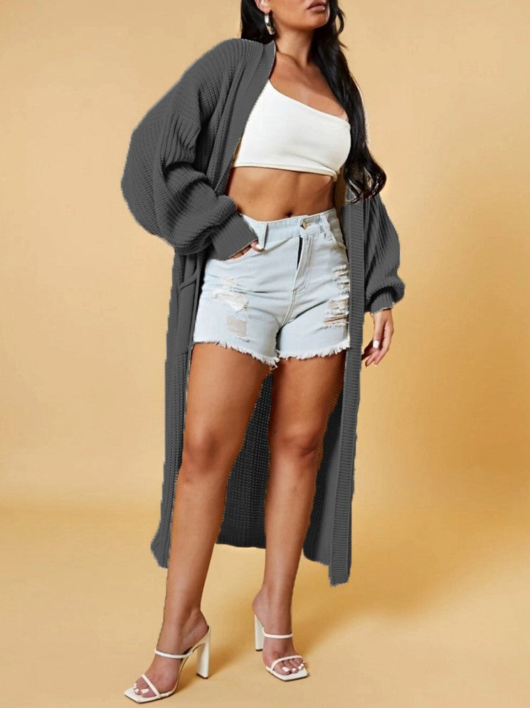 Slouchy Longline Duster Cardigan With Pockets - DarkGray - 1