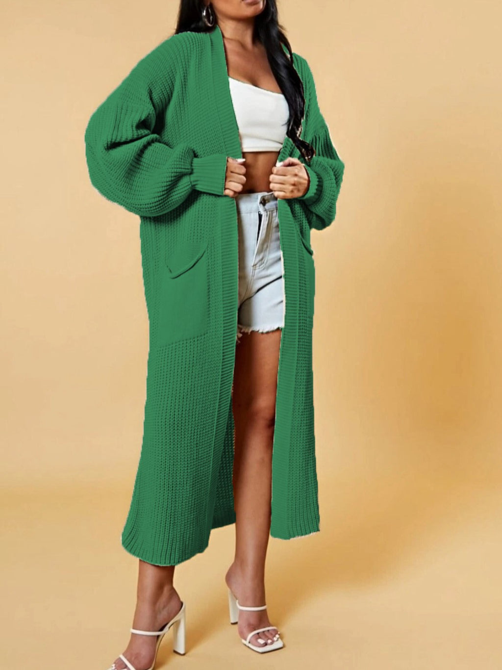 Slouchy Longline Duster Cardigan With Pockets - Green