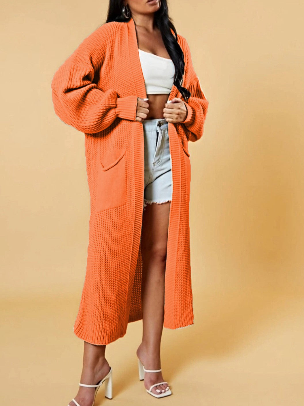 Slouchy Longline Duster Cardigan With Pockets - Orange