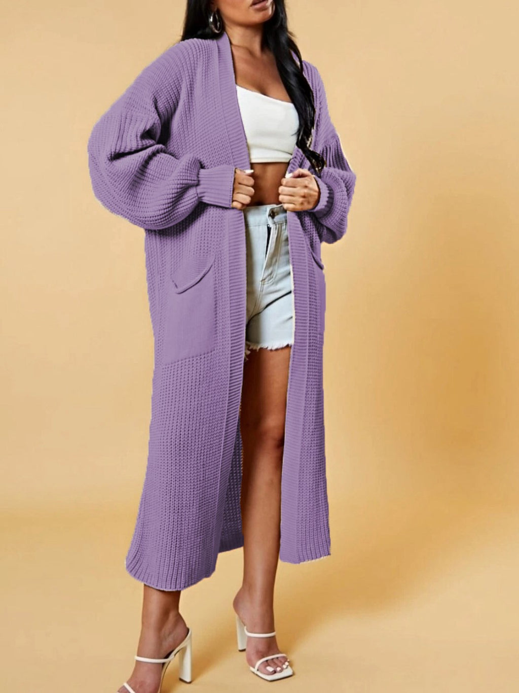 Slouchy Longline Duster Cardigan With Pockets - Purple