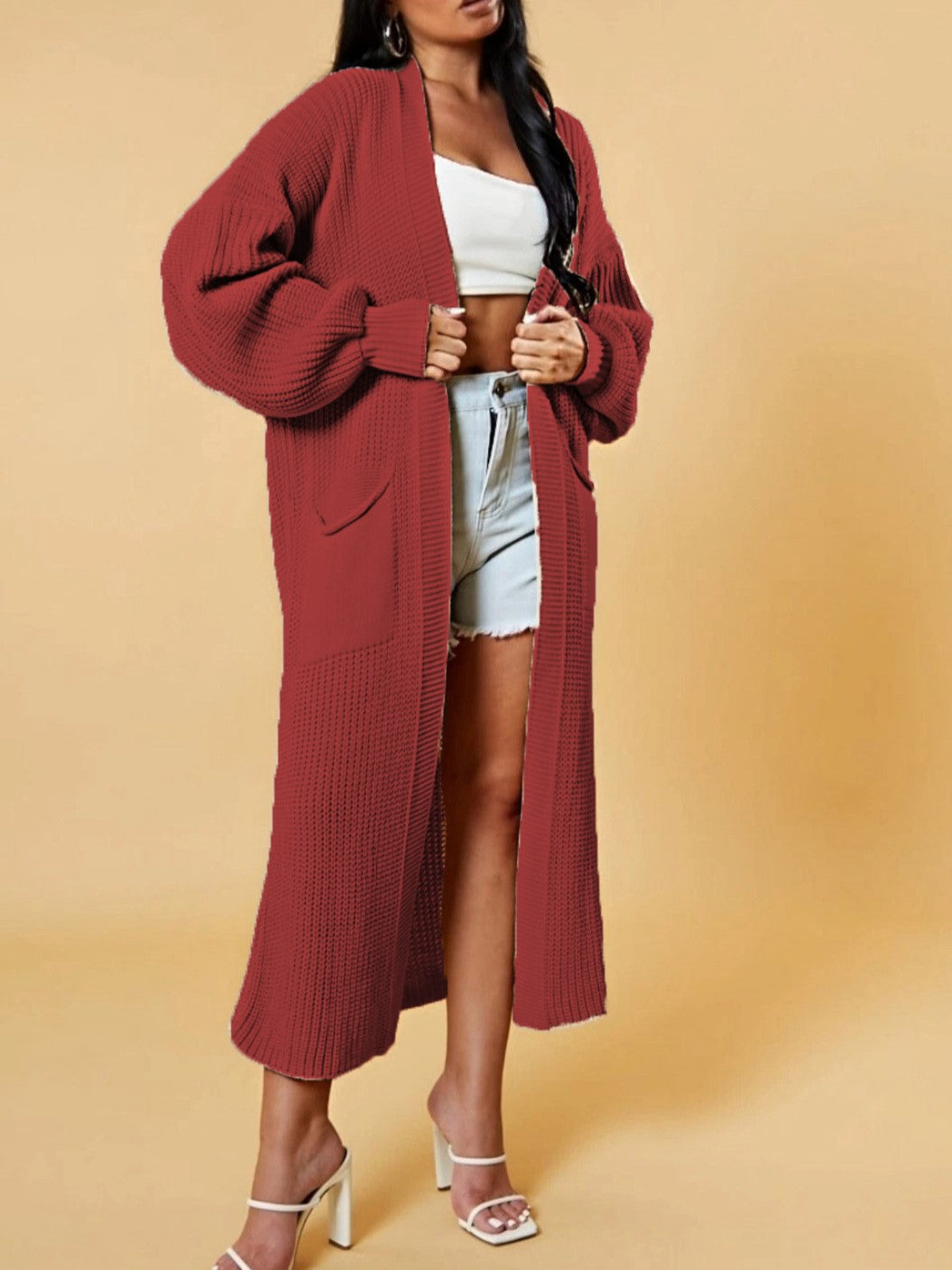 Slouchy Longline Duster Cardigan With Pockets - WineRed