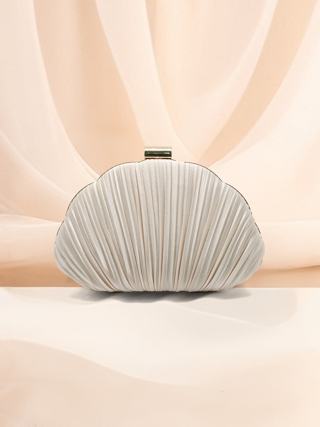 Pleated Satin Shell Clutch with Chain Strap - Champagne