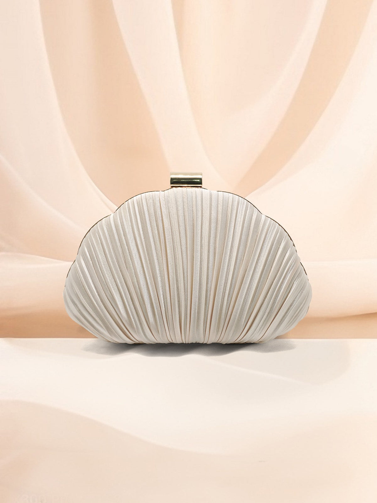 Pleated Satin Shell Clutch with Chain Strap - Champagne