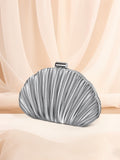 Pleated Satin Shell Clutch with Chain Strap - Silver