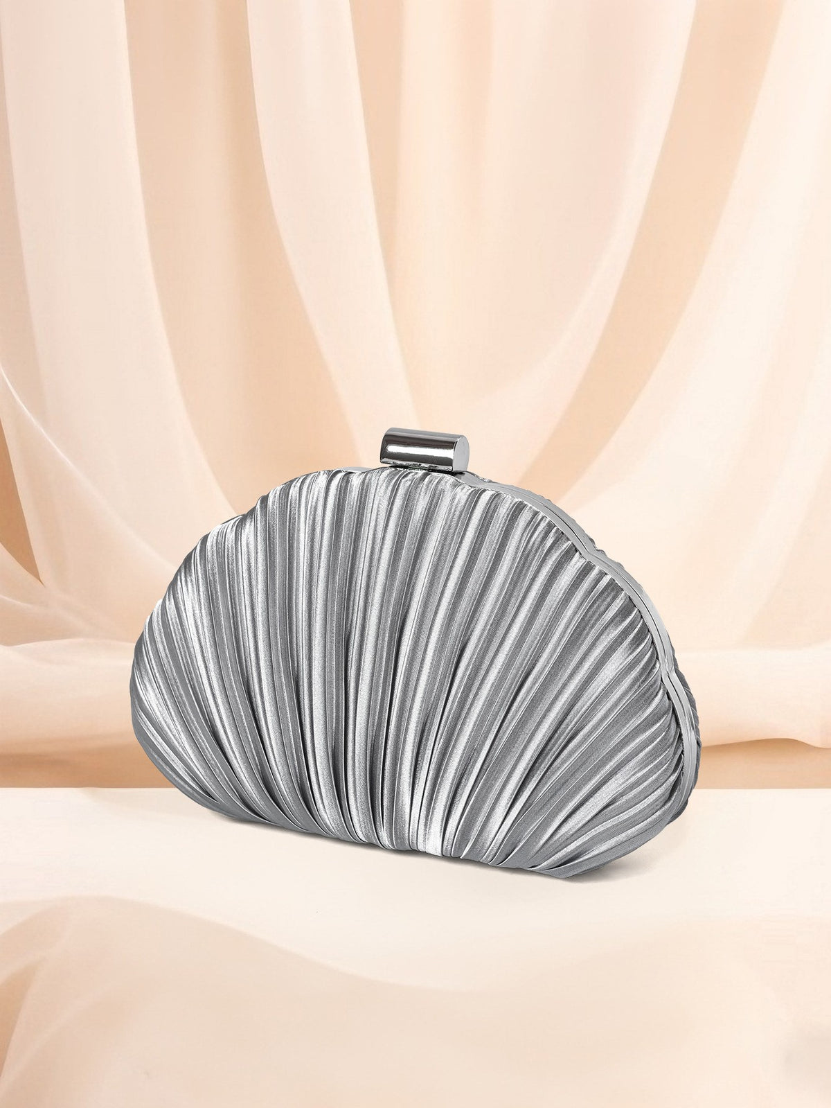 Pleated Satin Shell Clutch with Chain Strap - Silver