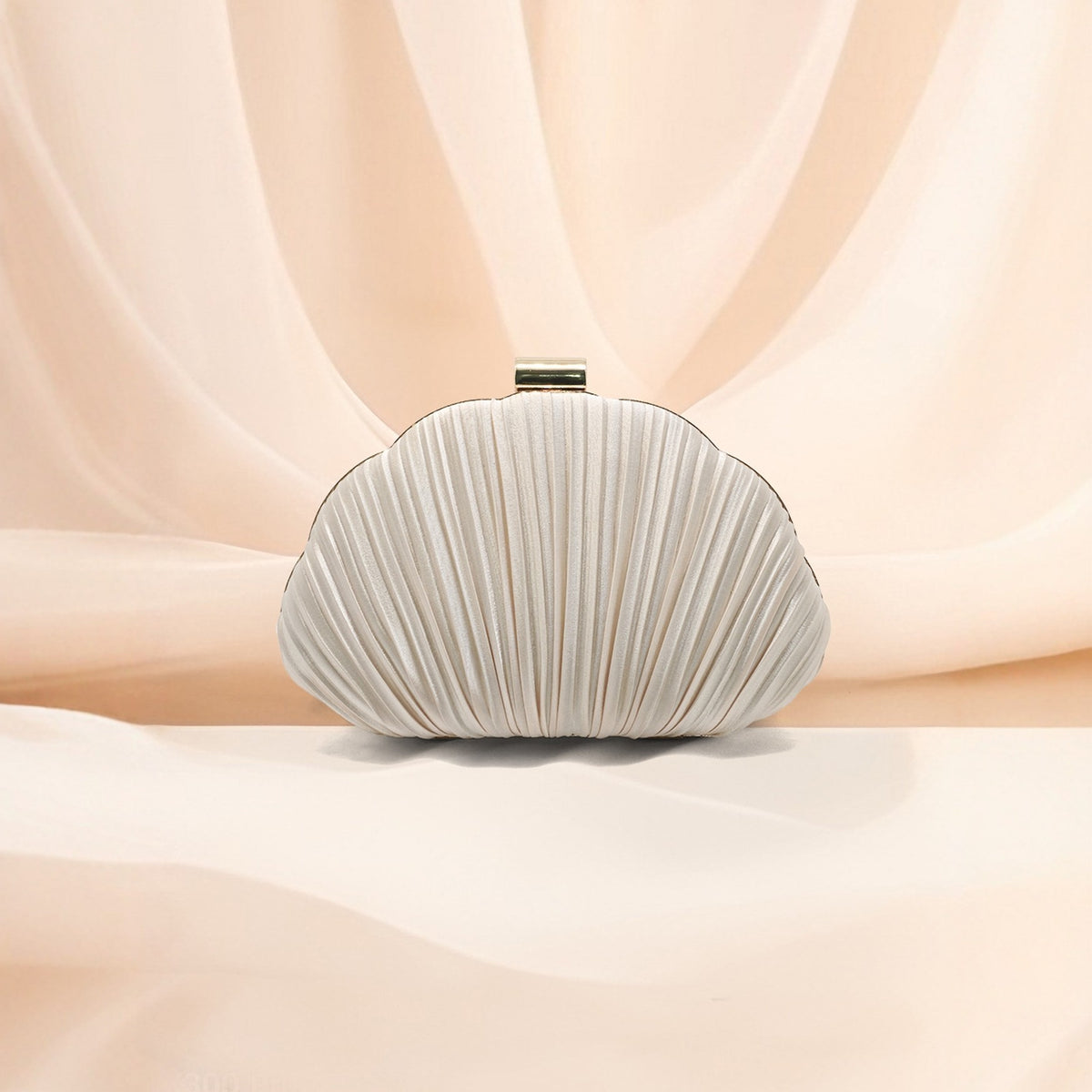 Pleated Satin Shell Clutch with Chain Strap