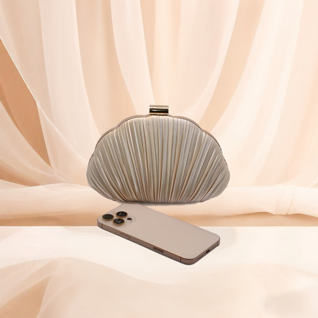 Pleated Satin Shell Clutch with Chain Strap