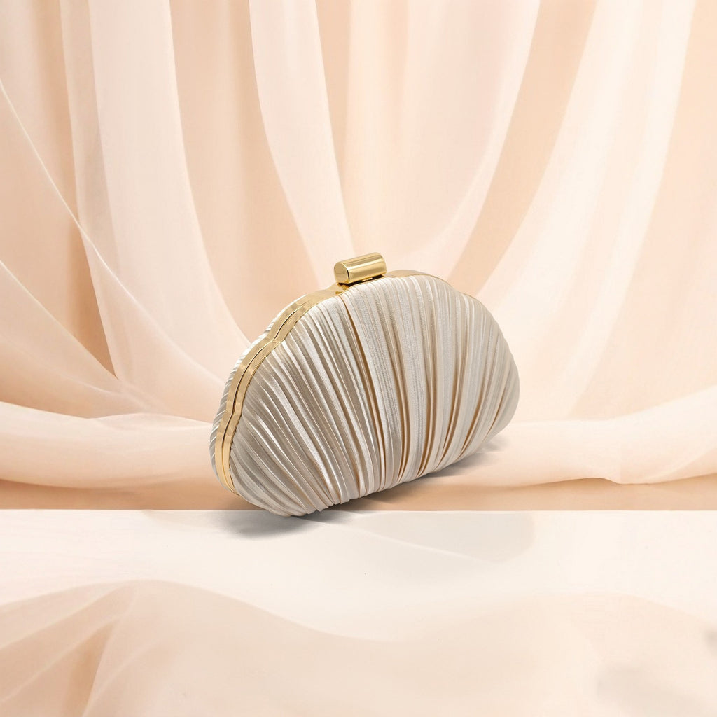 Pleated Satin Shell Clutch with Chain Strap