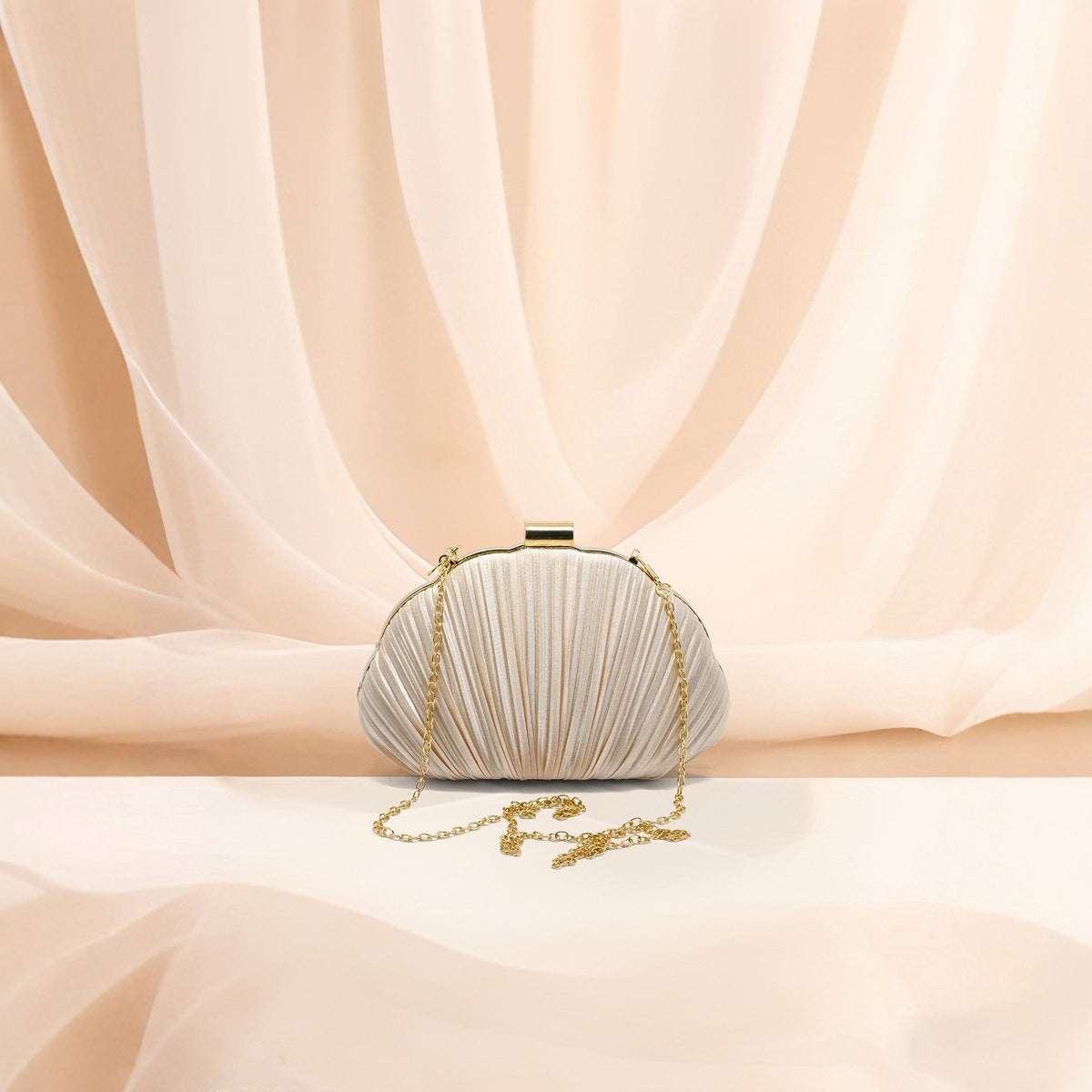 Pleated Satin Shell Clutch with Chain Strap